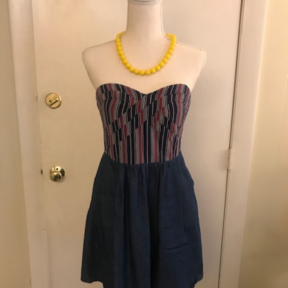Strapless patterned denim dress